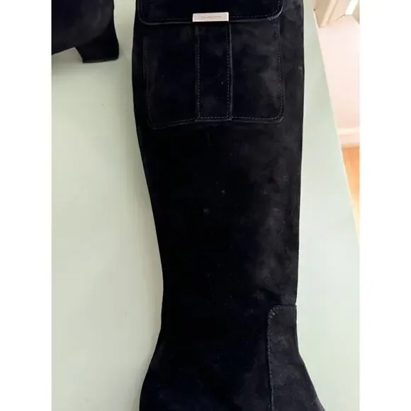 YVES SAINT LAURENT VTG Square Toe Black Suede Knee Boots Block Heels Sz 7.5 YSL - Picture 7 of 16
